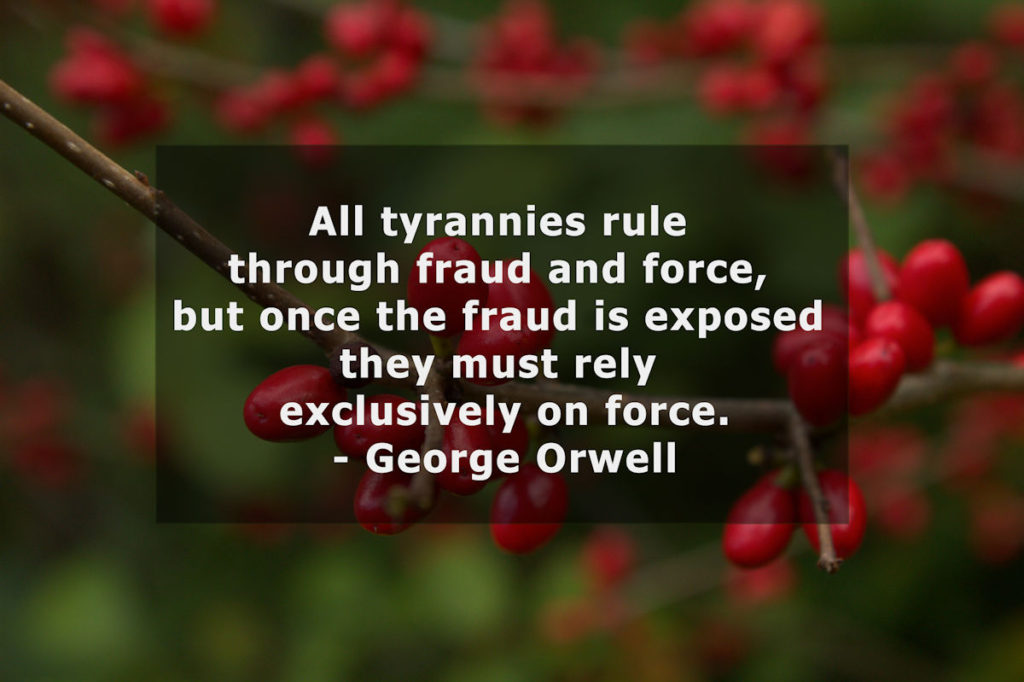 All tyrannies rule through fraud and force, but once the fraud is exposed they must rely exclusively on force. – George Orwell